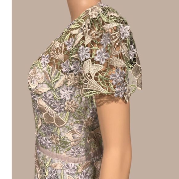 Marchesa Notte Ice Bell Bloom Sheath Crochet Overlay Dress Muted Blue Sz 8 - Picture 6 of 10